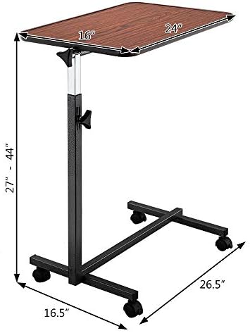 Tilting Overbed Table, Multifunctional Adjustable Bedside Table,Medical Adjustable Overbed Bedside Table with Wheels & Brake for Hospital and Home Medical Use (Dark Wood Grain Color)