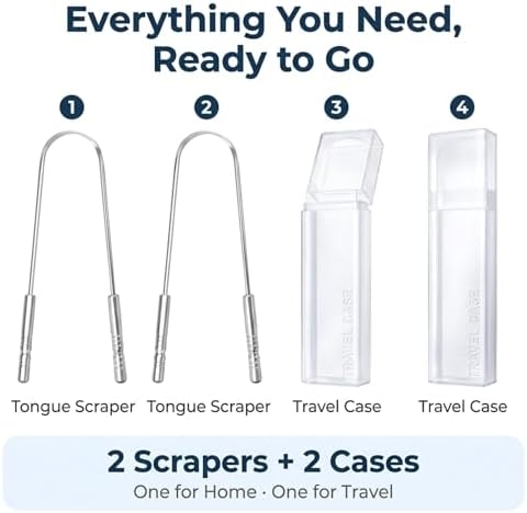 Tongue Scraper 2 Pack, 304 Stainless Steel Tongue Cleaner, Includes 2 Travel Cases, Helps Reduce Bad Breath, Metal Tongue Scraper for Oral Hygiene and Fresh Breath