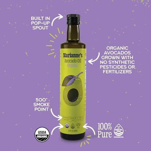 Marianne’s Organic Avocado Oil: 100% Pure Organic Cooking Oil for Frying, Sautéing & Baking, Neutral Flavor, High-Heat Performance Up to 500°F, Clean Label Project Purity Award