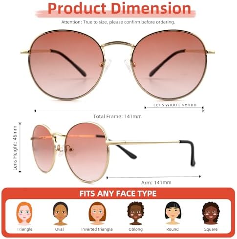 Full Reader Sunglasses Women Men, Mens Womens Reading Sun Glasses Metal Round BLue Pink Yellow Lens NON BIFOCAL, Gold Frame Clear Pink Lenses, 1.75
