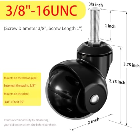 2 in Ball Caster Wheels - Threaded Stem Castors (Stem Diameter 3/8", Stem Length 1"),Heavy Duty 1200 LBS,Swivel Casters Set of 4,Replacement Wheels for Furniture,Cart, Chair, Cabinets,Coffee Table