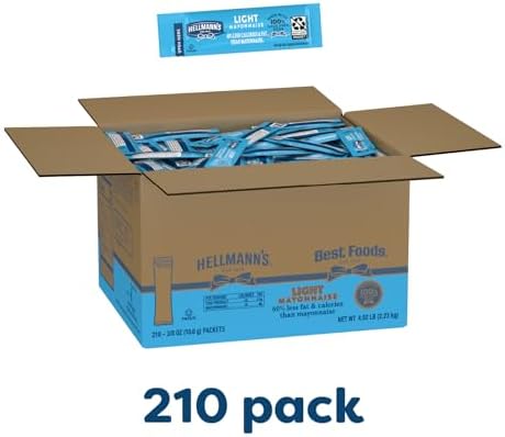 Hellmann's Light Mayonnaise Stick Packets Easy Open, Condiment for Sandwiches, Salads, Mayo Made with 100% Cage Free Eggs, Gluten Free, 0.38 oz, Pack of 210