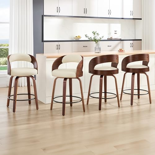 Swivel Bar Stools Set of 4,26" Faux Leather Upholstered Counter Height Barstools with Back,Mid-Century Modern Bar Chairs with Bentwood Legs and Footrest for Kitchen Island Bar Counter Beige