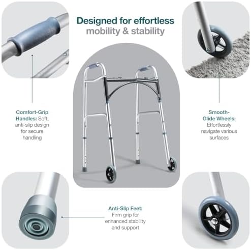 Medical King Silver Aluminum Rolling Walker for Seniors and Adults, 350 Pounds Weight Capacity, Foldable, Classic Style