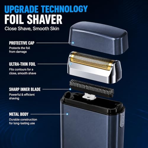 Professional Foil Shaver for Men, Rechargeable Cordless Electric Razor for Ultra-Close Shave, Travel-Friendly Design with Protective Cap & Pouch, High-Speed Powerful Motor - Grey