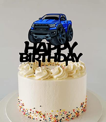 Pickup Truck Cake Topper Black Acrylic Transportation Theme Party Supplies, Pickup Truck Happy Birthday Cake Topper for Boy's Men' Birthday Party Decorations(Blue)