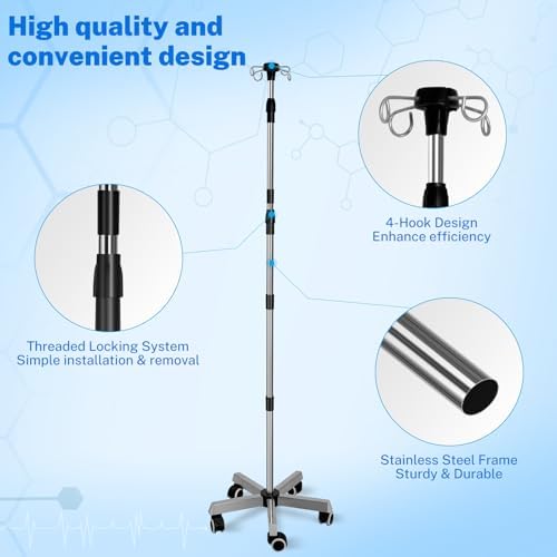 IV Pole with 4 Hooks 5 Legs, Rolling Base with Brake Wheel, 64.6 to 81.1 Inches Adjustable Height Portable Medical Pole IV Stand, Stainless Steel