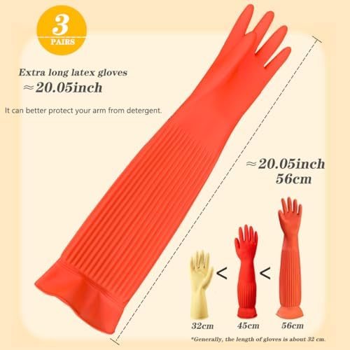 3 Pairs Household Extra Long Kitchen Gloves for Washing Dishes,20.05inches Rubber Cleaning Gloves,Reusable Latex Living Wash Gloves,Long Sleeves(Medium, Red)