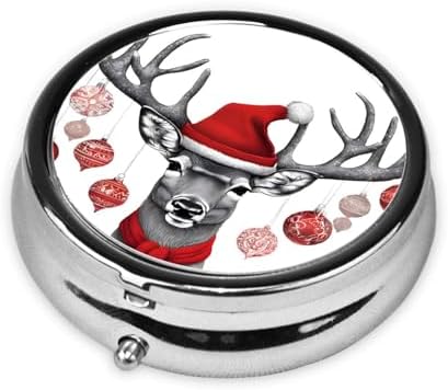 (Funny Christmas Moose) Round Pill Box,3 Compartment Pill Box Mini Decorative Pocket Purse Portable Travel Medicine Tablet Vitamin Holder Organizer Pill Case
