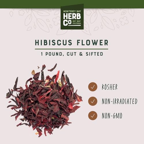 Organic Hibiscus Flower Cut & Sifted, by Herb Co, Hibiscus Sabdariffa, from Germany & Egypt, Kosher, for Hot or Cold Beverages, Tea, Jams, Baked Goods, Soups, Skin & Hair Products, 1 lb