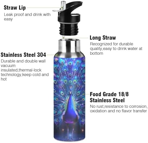 Peacock Spreads Tail Galaxy Water Bottle Leakproof Insulated Stainless Steel Hot Cold Water Flask with Straw Lid for Sports Travel 20 oz