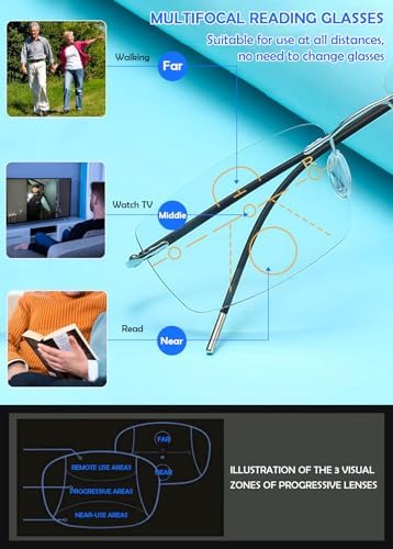 KOOSUFA Rimless Progressive Multifocal Reading Glasses Men Women Blue Light Blocking Ultralight Metal Multifocus Readers