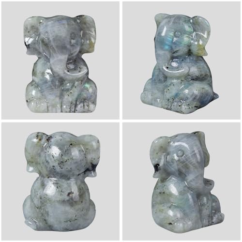 2 Inch Crystal Elephant Decor Statues, Labradorite Cute Sitting Elephant Figurines, Reiki Healing Crystal Carved Animal Statues, Home Office Desk Hand Carved Decor Gifts for Women