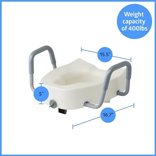 Medline 5" Raised Locking Toilet Seat with Removable Padded Arms, 400 lb Capacity, Fits Most Elongated Toilets, No Lid, for Adults and Elderly