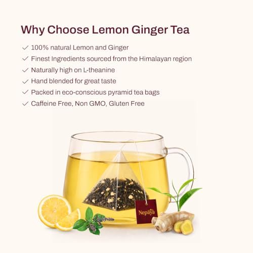 Nepaya Lemon Ginger Green Tea Bags – 50 Biodegradable Pyramid Teabags, Low Caffeine, Fruity Citrus Flavor with Zesty Lemon & Spicy Ginger, Premium High-Grown Nepal Green Tea