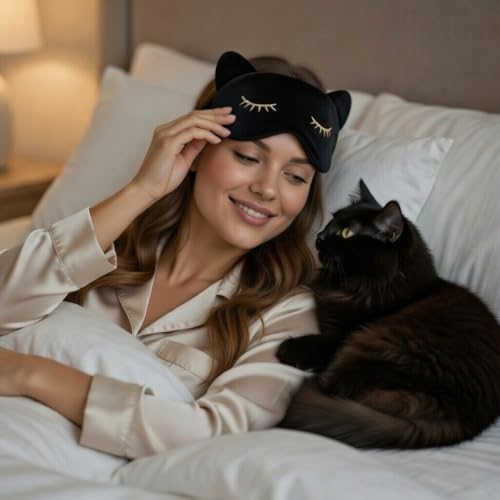 Cute Cat Ear Sleep Mask - Ultra Soft Light Blocking Eye Mask with Adjustable Strap - Fun Cat Lover Gift for Women & Moms - Travel & Bedtime Accessory - Birthday or Christmas Stocking Stuffer