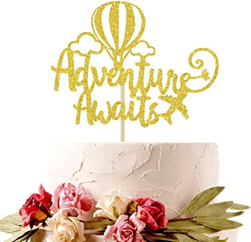 Adventure Awaits Cake Topper, Congrats Grad/New Chapter Cake Topper, 2026 Graduation/Retirement/Bon Voyage/Baby Shower/Moving Party/Travel Theme Party Decorations Supplies, Gold Glitter