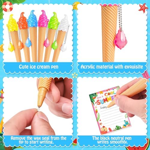 36 Pack School End Of Year Surprise Gift Sets, Ice Cream Pens Summer Sticky Notes Kit with Gift Bags & Ribbon for Pool Beach Birthday Class Parties & Student Gifts