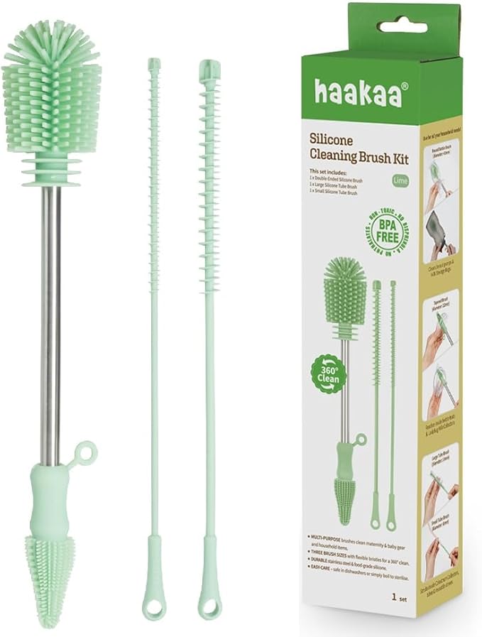 Haakaa Silicone Cleaning Brush Kit â Household Cleaning Brushes for Bottles and Crevices â Food-Grade Silicone: Dishwasher Safe (Kit-Lime)