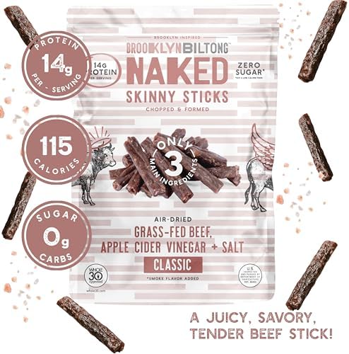 Brooklyn Biltong Naked Skinny Sticks (Naked 8 oz, Pack of 1) - Grass-Fed Biltong Beef Jerky Meat Stick - 14g High Protein Snacks - Premium Air Dried, Paleo, Keto, Gluten Free, Sugar Free - Made in USA