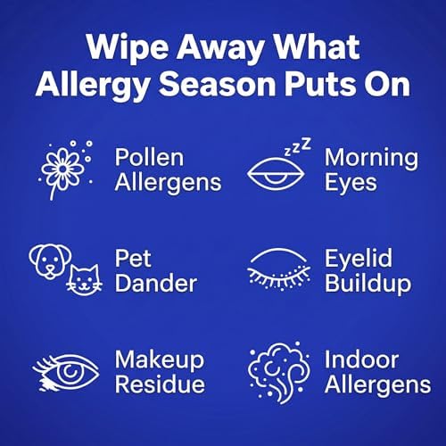 Allergy Eye Wipes for Dry Itchy Red Eyes 60 Count | Drug Free Eye Wipes for Pollen Pets & Seasonal Allergies | Hyaluronic Acid, Chamomile & Aloe | Individually Wrapped Sensitive Eye Cleansing Wipe