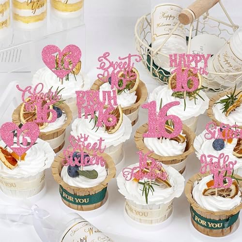 Rsstarxi 30Pack Happy Sweet 16th Birthday Cupcake Toppers Happy Sixteen Bruh I'm 16 Cupcake Picks Cheers to Sweet 16 Decorations for 16th Birthday Anniversary Party Cake Decorations Pink