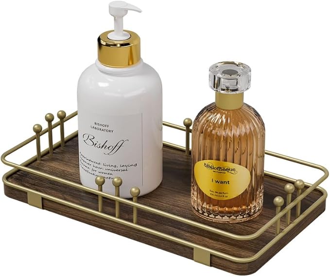 Bathroom Vanity Tray for Toiletries Makeup Perfume Candle Toilet Tank, Kitchen Tray for Soap Dispenser Spice Salt, Small Tray for Countertop Decor Coffee Nightstand 7.9âx4.4â Brown-Gold