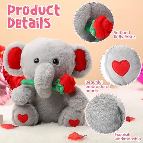 Halloscume Valentine's Day Gifts Plush Elephant with Rose Heart Soft Stuffed Elephant Toys Gifts Cute Stuffed Animals for Girlfriend Boyfriend Lover Classroom Exchange Prizes Decor 10 Inch