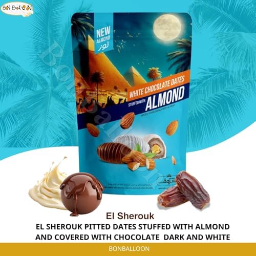 El Sherouk Mixed Milk & White Chocolate Covered Dates with Almond – Medium Size – 250 g (8.82 oz)