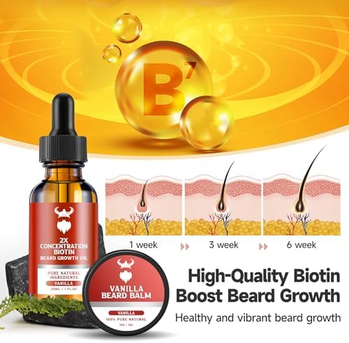 MistySprite Beard Growth Kit - 2X Concentration Biotin for Men, Natural Ingredients with Argan Oil, Jojoba Oil and Vitamin (Vanilla)