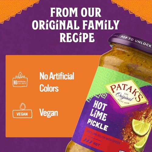 Patak’s Hot Lime Pickle - Authentic Indian Relish w/Lime Dices, Mustard Seeds & Aromatic Spices - Perfect for Sandwiches, Curries, Salads & Cold Meats - Vegan Spicy Pickle - 10oz Jar (Pack of 1)