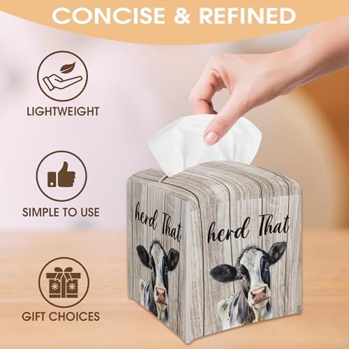 Cow Decorative Tissue Box Cover Square, Wood Pattern Leather Tissue Box Cover Holder, Housewarming Gift Ideas for Family Friends, Home Office Bathroom Car Decor-(5.2 Inches) A25
