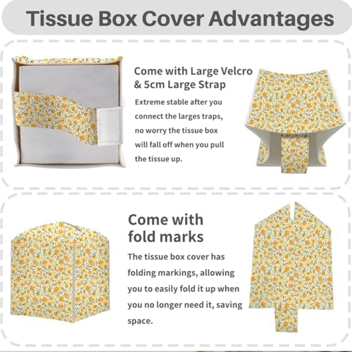 Tissue Box Cover, Tissue Box Holder, Square with Belt Bottom, PU Leather Decorative Organizer for Desk, Tabletop, Countertop Bathroom, Toilet Car,Office, Dresser Bedside, Aesthetic Yellow Flower Decor