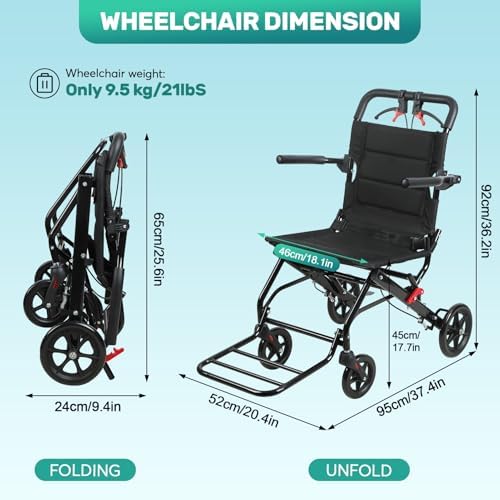 18 Inch Wide Portable Foldable Wheelchair for Adults, Lightweight Aluminum Alloy Transport Chair with Ergonomic Handbrake & Adjustable Seat Belt, Travel/Airplane/Car-Friendly Mobility Aid Black