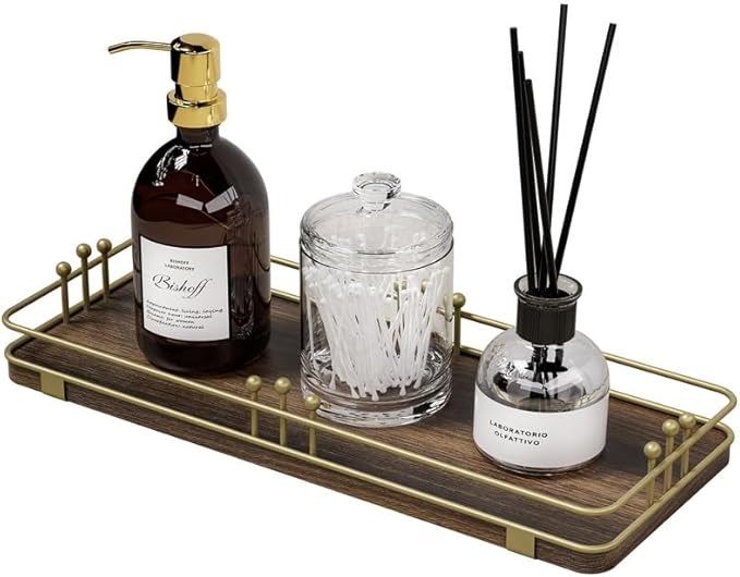 Bathroom Vanity Tray for Countertop Toiletries Perfume Makeup Soap Dispenser Toilet Tank, Kitchen Tray for Salt Spice, Decor Tray for Candle Nightstand Coffee 11.3âx 4.4â Brown-Gold