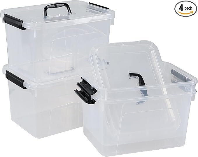 4-pack 10.5 Quarts Clear Boxes with Handles, Plastic Storage Bin with Lid