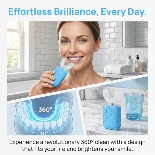 Sonic Electric U Shaped Toothbrush for Adults, Automatic Full Mouth Cleaning Toothbrush, 360° Stain Removal, IPX7 Waterproof Rechargeable, 3 U-Shape & 2 Straight Brush Heads (Blue)