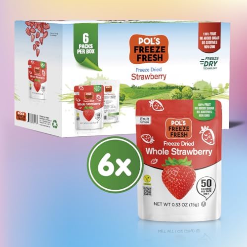 Pol's Fresh Freeze Dried Strawberries Whole, Single Ingredient, No Sugar Added, 6 Pack (0.53 oz Each) - Crispy Crunchy Healthy Fruit Snacks for Cereal, Yogurt & Smoothies, Gluten Free, Vegan, Kosher