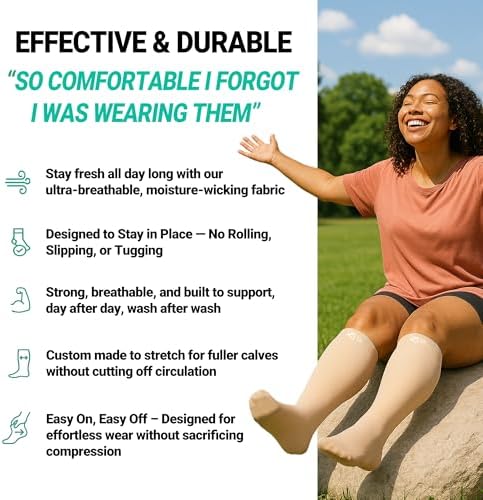 Zeta Wear Plus Size Compression Socks for Women and Men, Wide Calf Knee-High 15-19 mmHg Graduated Support, Easy-On Cuff, Fits Calves to 26 inch / 66 cm