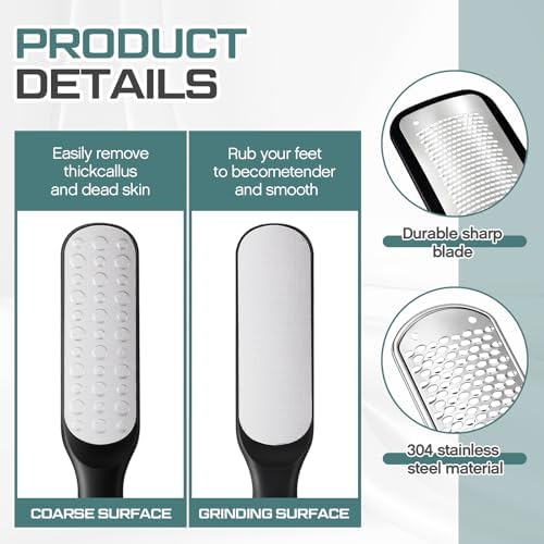 Moxweyeni 3 Pcs Professional Foot File Kit with 304 Stainless Steel Heads, Callus Remover for Feet, Pedicure Foot Scrubber and Shaver for Dead, Dry, Hardened Skin, Home Pedicure (Set A,Black)