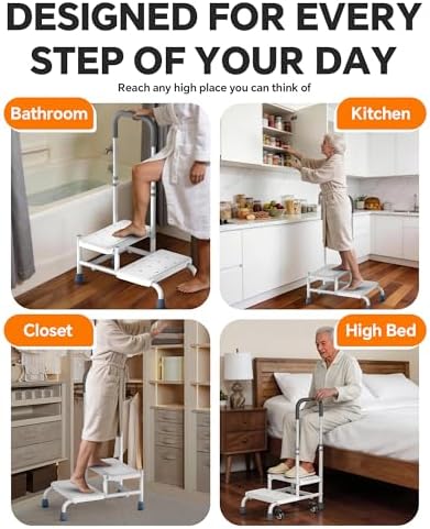 Step Stool with Handle for Elderly, 2 Steps Stool with Wheel, Non Slip Platform and Height Adjustable Handrail Support for Adults, Seniors, Bedside Steps for High Beds, Bathtub, RV (White)