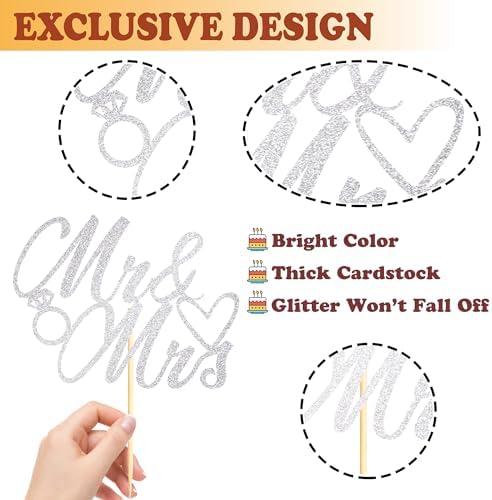 1PC MR & Mrs Cake Topper, Silver Glitter Wedding Cake Decorations for Engagement, Anniversary, Bridal Shower, Romantic Celebration Supplies