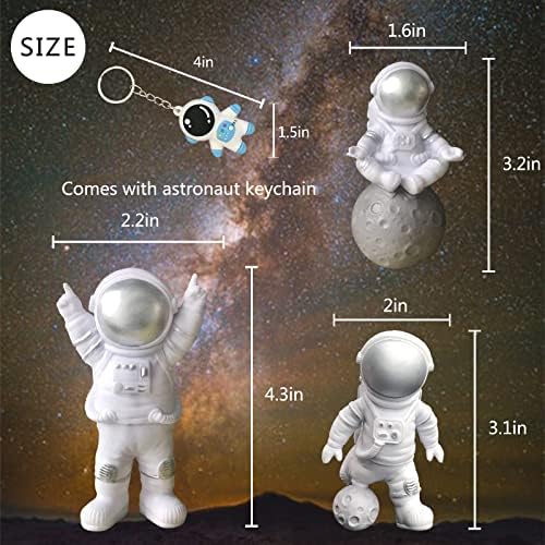 4 PCS Astronaut Figurine Space Cake Topper, Silver Astronaut Solid Resin Decor Outer Space Birthday Cupcake Desktop Ornaments Spaceman Figure Toy for Kids Party Gift, 3PCS Astronaut and 1PCS Keychain