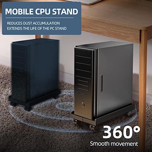 Adjustable Mobile CPU Stand, Ventilated Computer Tower Stand with 4 Caster Wheels Fits Most PC Tower, Under Desk CPU Holder PC Floor Cart Computer Riser for Students and Gamers (Black)