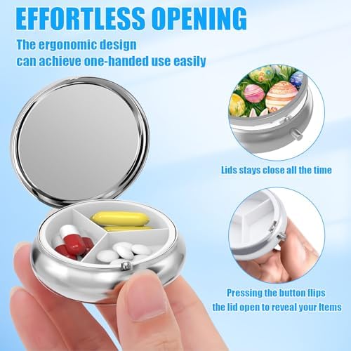 Pill Box, 3 Compartments Small Pill Case Travel Portable Metal Medicine Box with Mirror Mini Container for Purse Pocket Women Men(Easter Bunny Egg)