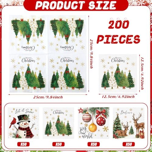 200 Pcs Christmas Paper Cocktail Napkins Disposable 2 Ply Xmas Style Decoupage Beverage Napkins for Xmas Holiday Winter Dinner Table Decor (Classic Style)