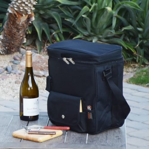 Picnic at Ascot Wine and Cheese Picnic Basket/Cooler with hardwood cutting Board, Cheese Knife and Corkscrew - Black
