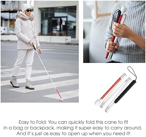 Blind Cane Stick - Mobility Reflective Red-White Foldable Walking Baston para Ciegos, Marshmallow Ball Tip | Folding Replacement/Prop Tool for Visually Impaired Person, Men, Women People Seeing Sight