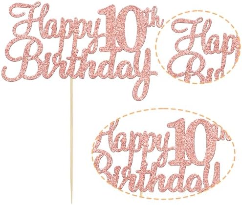 Gyufise 1Pc Happy 10th Birthday Cake Topper Glitter 10th Birthday Cake Pick Cheers to 10 Years Old Ten Fabulous Cake Decorations for 10th Birthday Theme Party Supplies Rose Gold