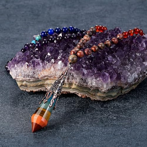 GEHECRST Natural 7 Chakra 108 Mala Prayer Beads Necklace with Reiki Healing Crystal Pointed Pendant 6mm Gemstones Beads Necklace Mens Womens Jewelry for Meditation, Protection
